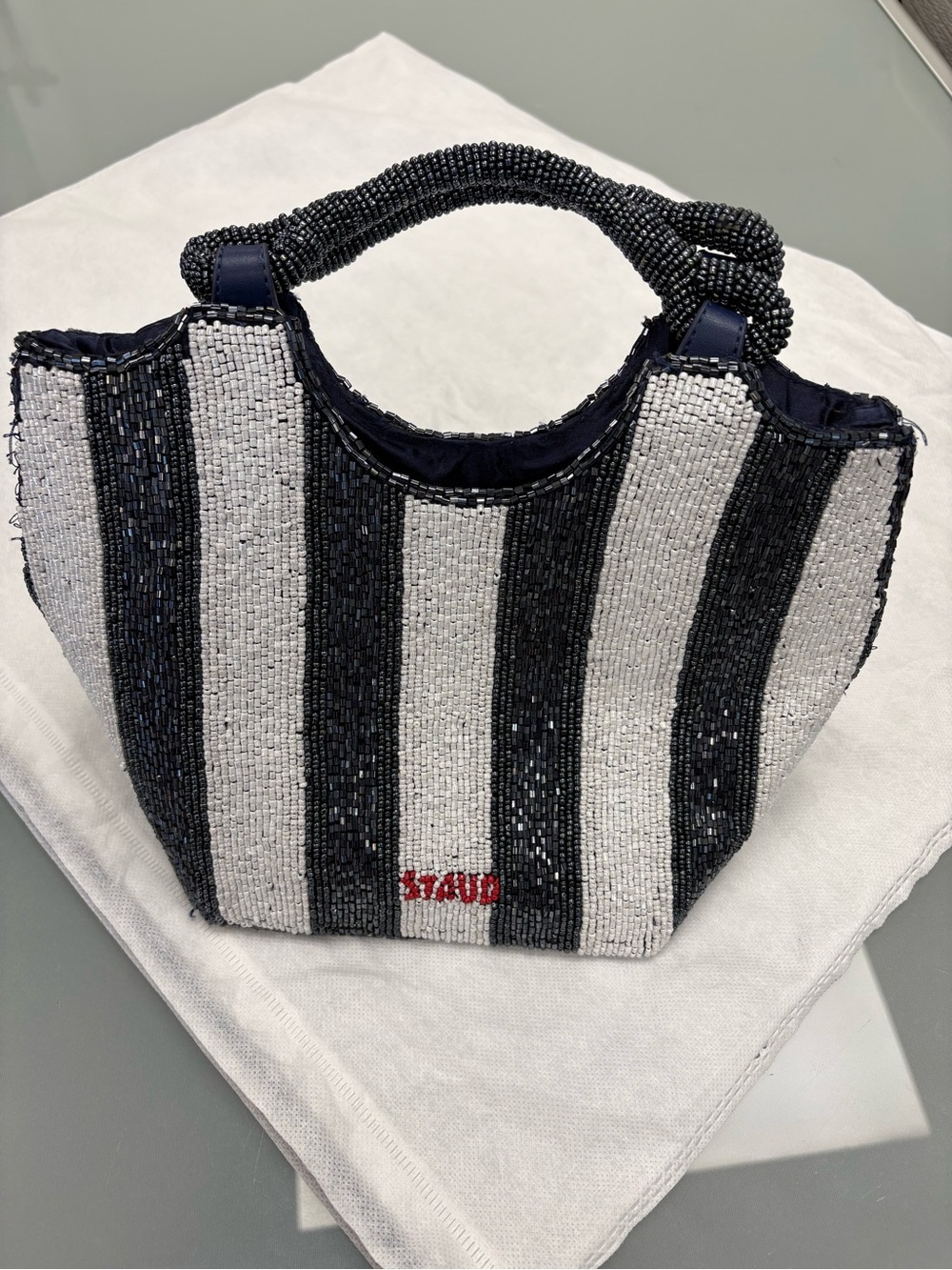 STAUD Navy & White Beaded Mini Tote with Top Handle